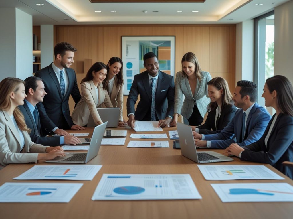 Professional team of attorneys in a modern office discussing financial charts and legal documents during a meeting—representing collaboration and insights into how much do real estate attorneys make.
