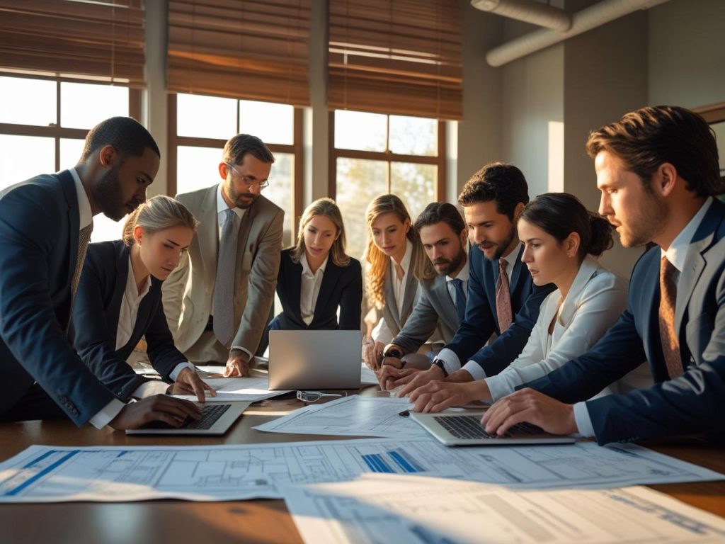 Team of real estate attorneys and professionals in formal attire collaborating on legal and property documents around a large conference table—visually supporting the topic how much do real estate attorneys make.