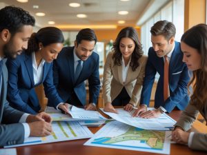 Group of real estate professionals in business attire reviewing property documents and financial charts in a conference room—illustrating collaborative work and discussions around how much do real estate attorneys make.